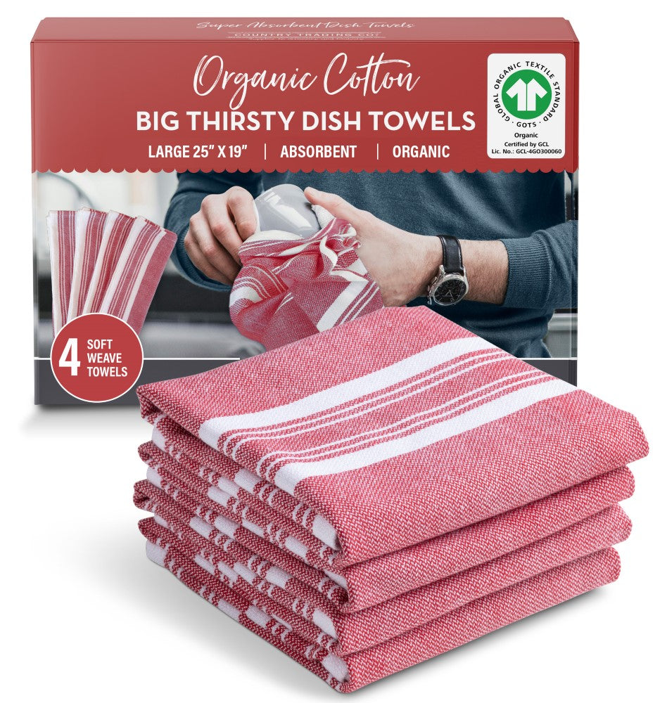 Absorbent Dish Towels Set of 4, Red, Organic Cotton